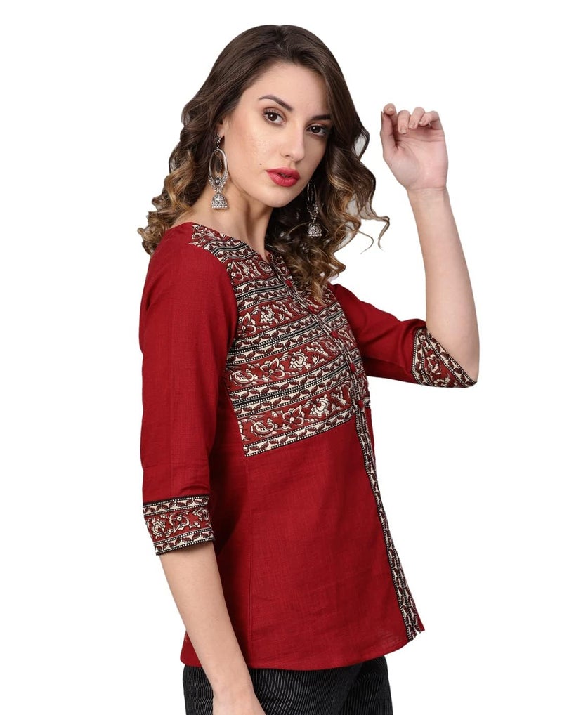 Yash Gallery Indian Cotton Kalamkari Printed Regular Summer Tops for Women (Maroon) - Image 2
